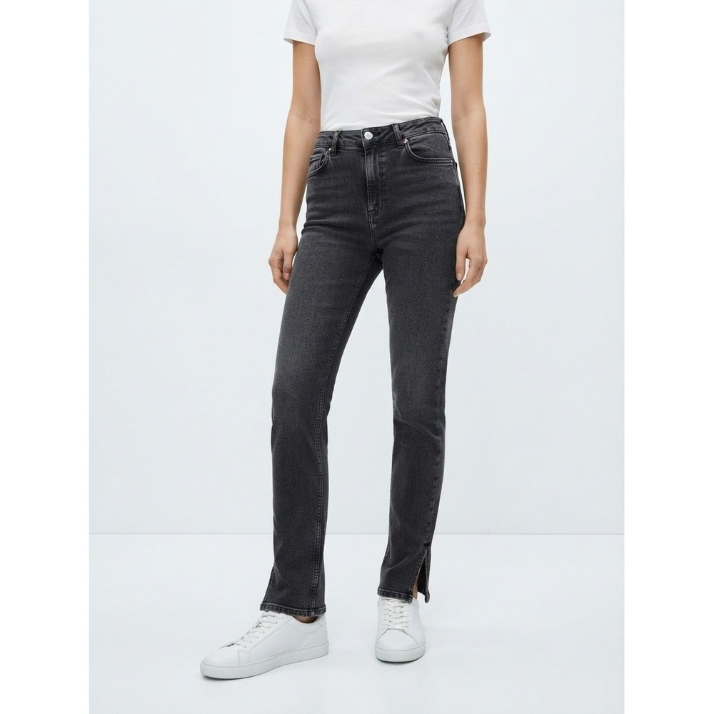 Zara High Rise Straight Leg Jeans Side Slit Ankle Hem Faded Black Size Six 6